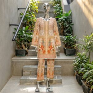 Creamy Peach Floral – 2 PC Unstitched Lawn Suit