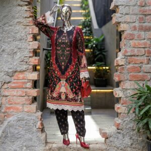 Bold Black & Crimson – 2 PC Unstitched Lawn Suit